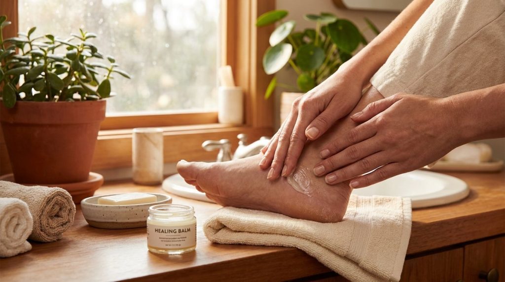 A woman applying a small amount of the Vaseline and baby oil balm to her cracked heel with a soft blurred background