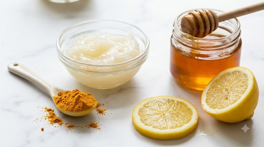 A close-up of the ingredients for the Vaseline night mask a small bowl of Vaseline a spoonful of turmeric powder a small
