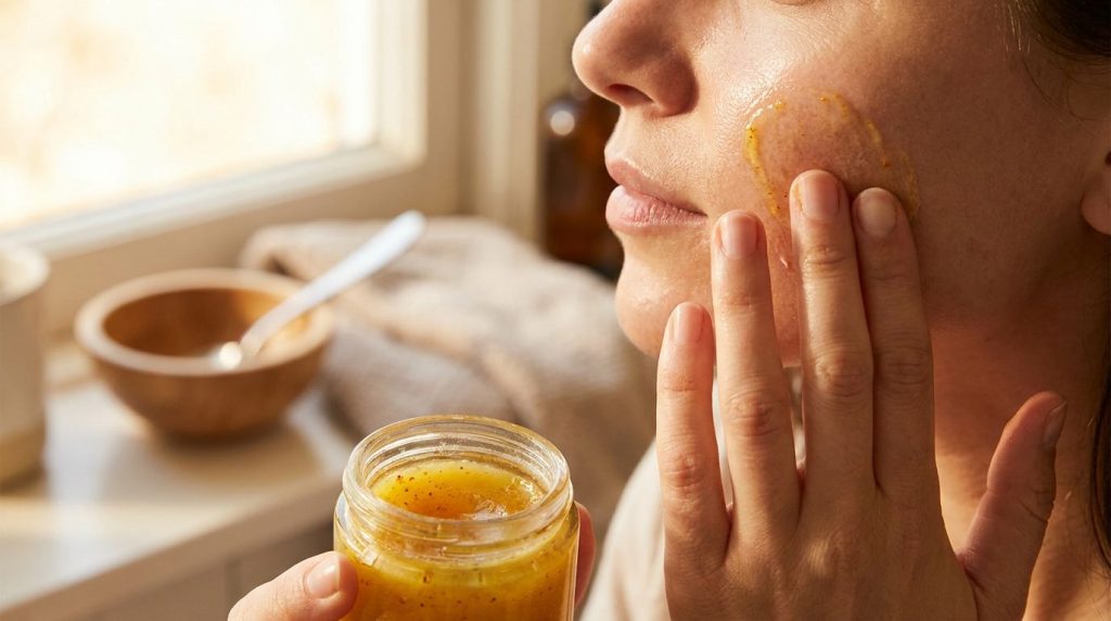 A person s hand gently applying a thin layer of the yellow Vaseline turmeric and honey mask onto clean facial skin with
