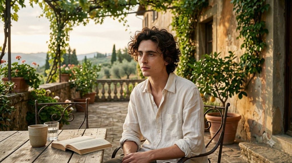Timothée Chalamet in a still from Call Me By Your Name a young man with curly hair in a picturesque Italian setting