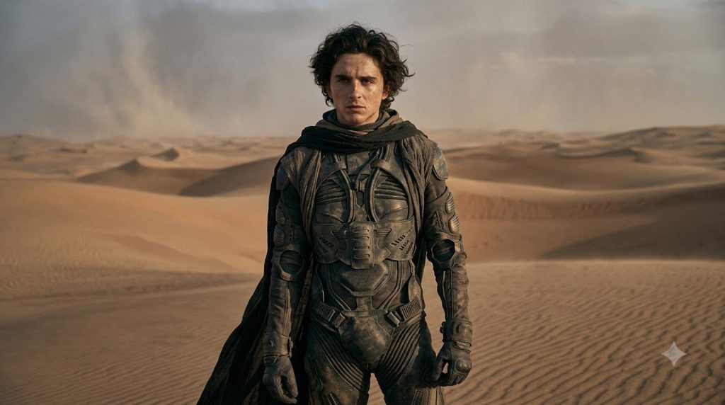 Timothée Chalamet as Paul Atreides in Dune wearing stillsuit looking determined in a desert landscape
