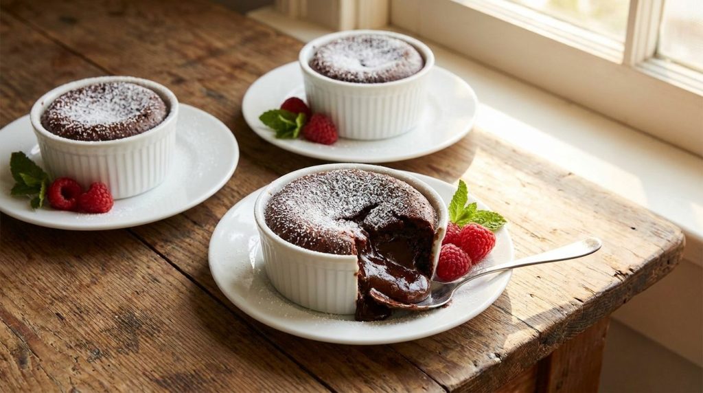 Small individual molten chocolate lava cakes with a gooey center dusted with powdered sugar and a side of raspberries se