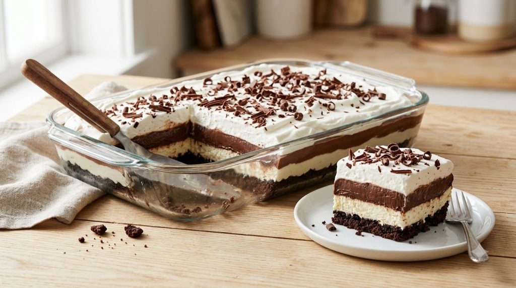 A clear glass dish filled with layers of no-bake chocolate lasagna cookie crust cream cheese layer chocolate pudding and