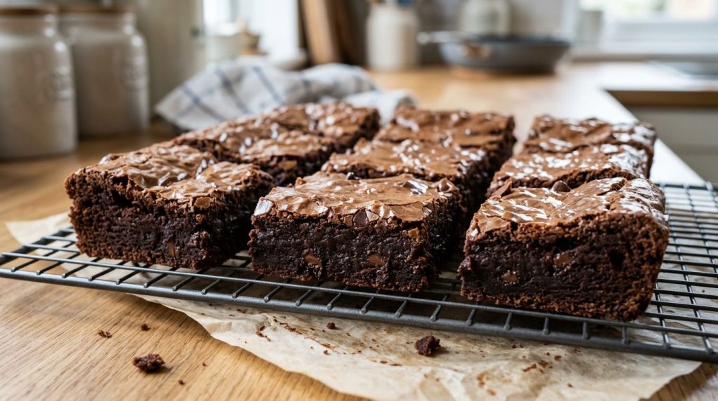 Thick square-cut fudgy chocolate brownies with crinkled tops some with chocolate chips visible on a cooling rack