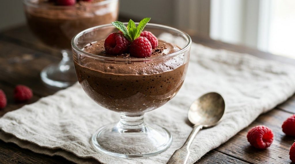 Elegant glass dessert cups filled with light and airy chocolate mousse garnished with fresh berries and a sprig of mint