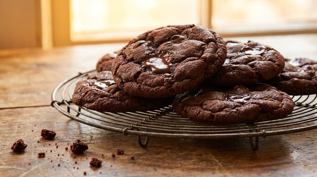 Freshly baked double chocolate chip cookies with gooey chocolate chips visible stacked on a cooling rack or plate