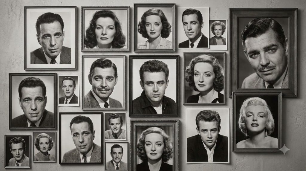 A black and white collage of classic Hollywood actors depicting various famous faces from the 1930s to 1960s creating a 