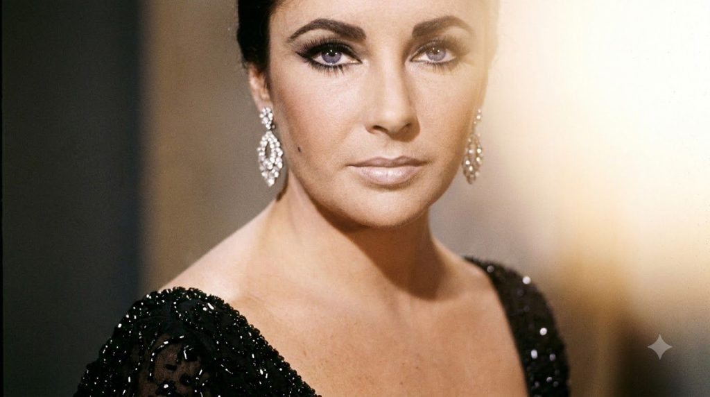 A glamorous Elizabeth Taylor in a close-up portrait possibly from the 1960s showcasing her iconic violet eyes