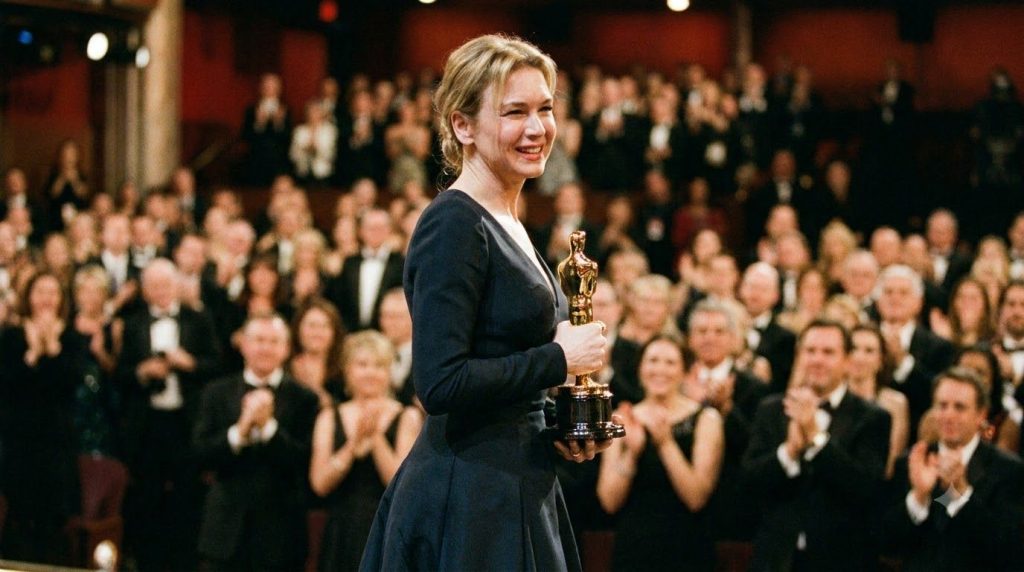 Renée Zellweger accepting an Academy Award holding her Oscar trophy