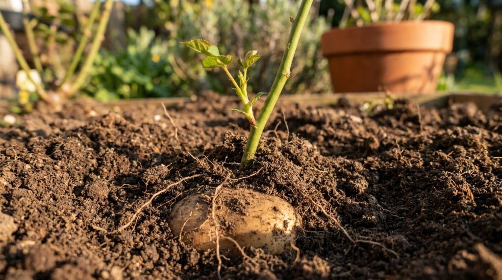 A planted rose stem with a potato underground showing the top of the stem above soil