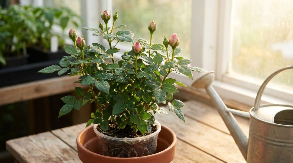 A healthy new rose bush growing from a propagated cutting