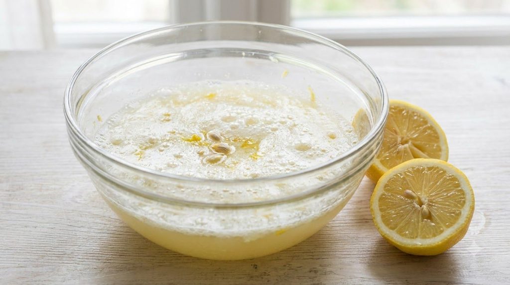 A close-up of a clear glass bowl containing a mixture of lemon juice and hydrogen peroxide with lemon halves beside it