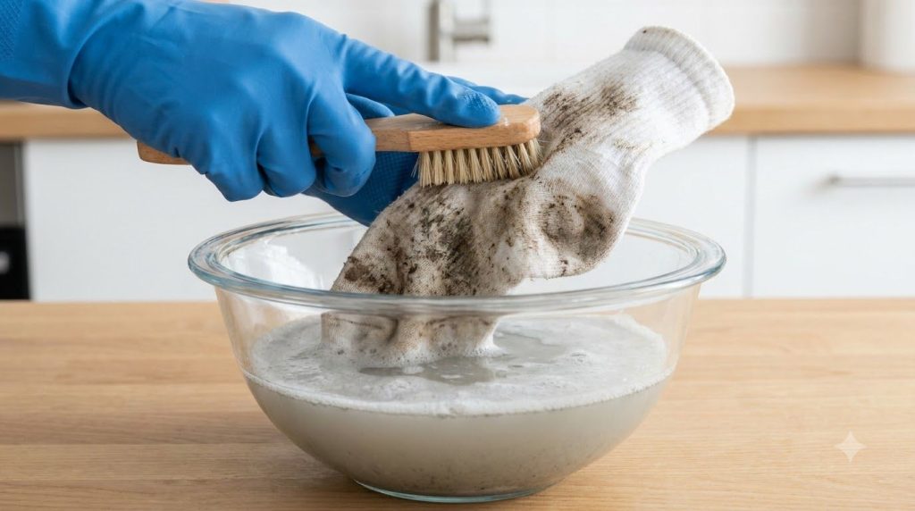 A hand wearing a rubber glove scrubbing a dirty white sock with a brush submerged in a bowl of cleaning liquid