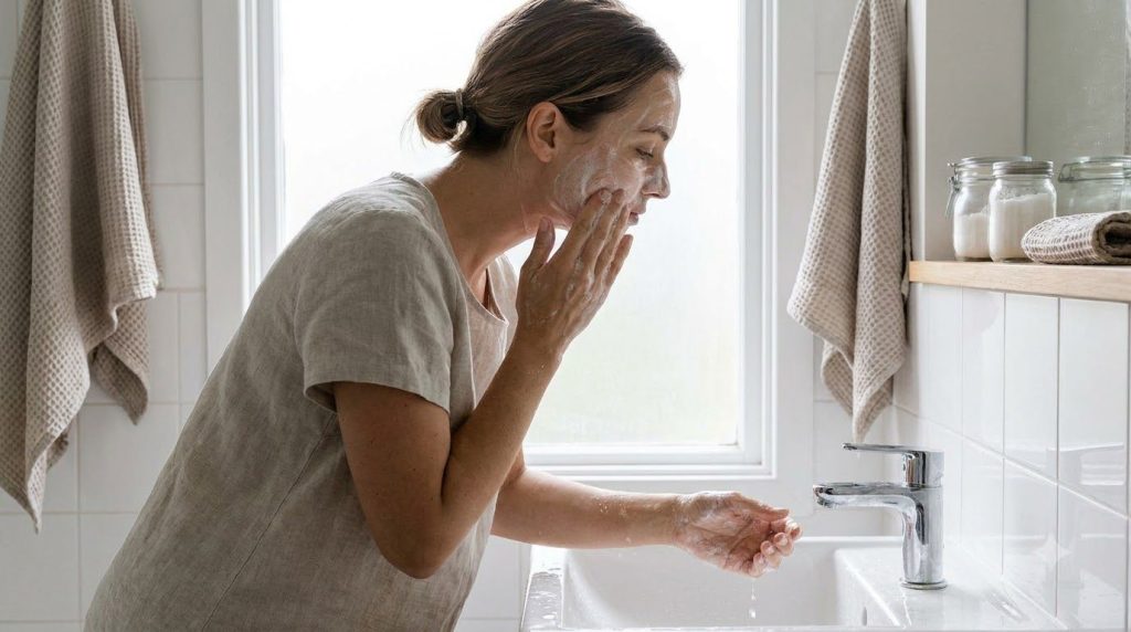 A person gently cleansing their face with a mild cleanser showing soft clean skin