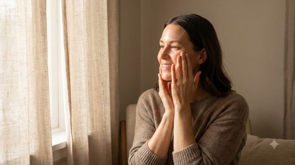 A woman gently applying baby oil to her face with a soft glowing complexion visible