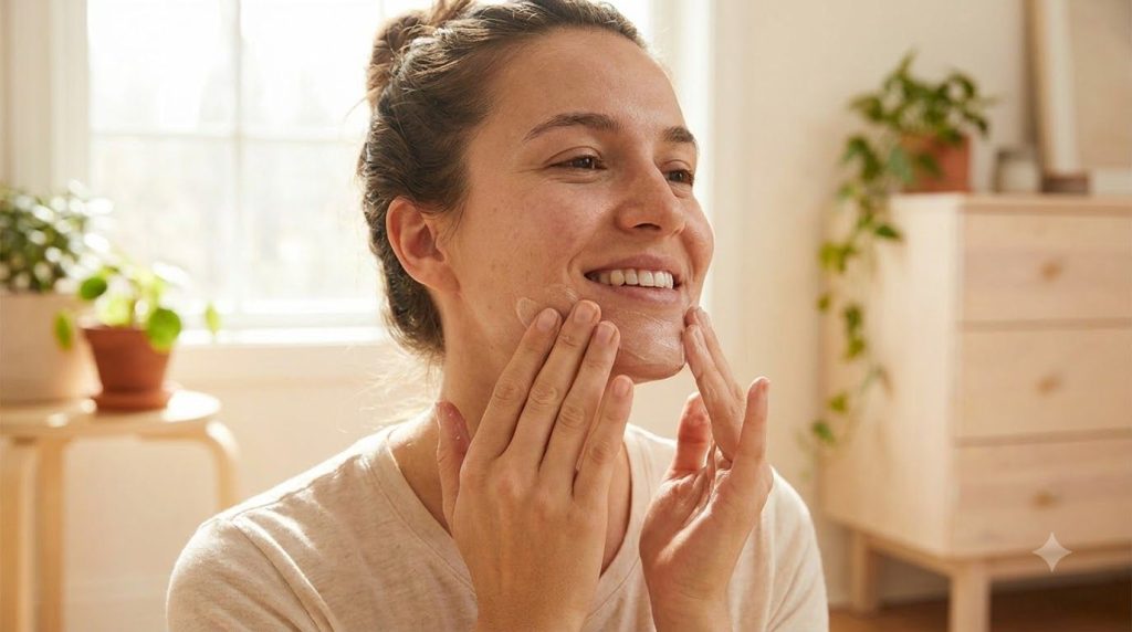 A person gently applying a light moisturizer to their chin area showing a focus on hydration and care