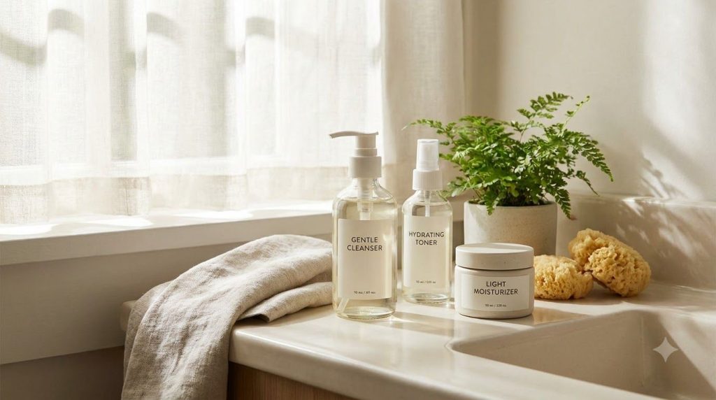 Various gentle skincare products laid out on a clean counter a mild cleanser a hydrating toner and a light moisturizer a