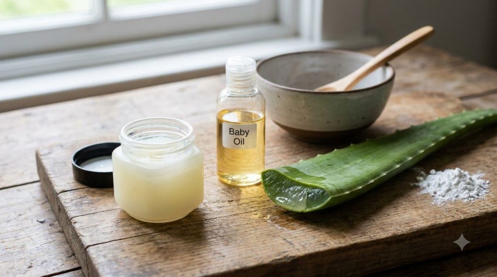 Individual ingredients for the DIY collagen night gel a small container of petroleum jelly a bottle of baby oil and a fr