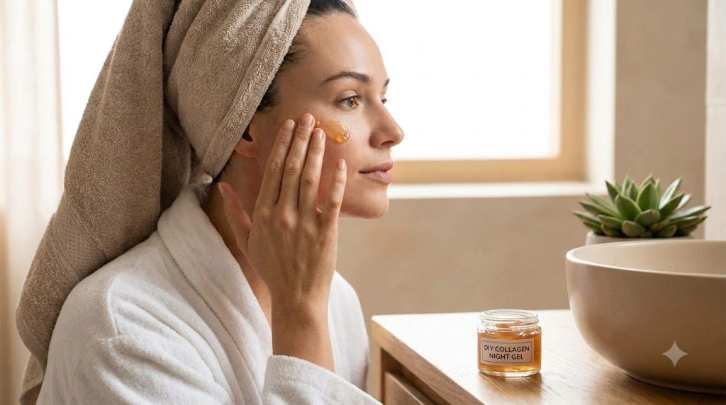 A woman gently massaging the DIY collagen night gel onto her face showing the application process in a bathroom setting 