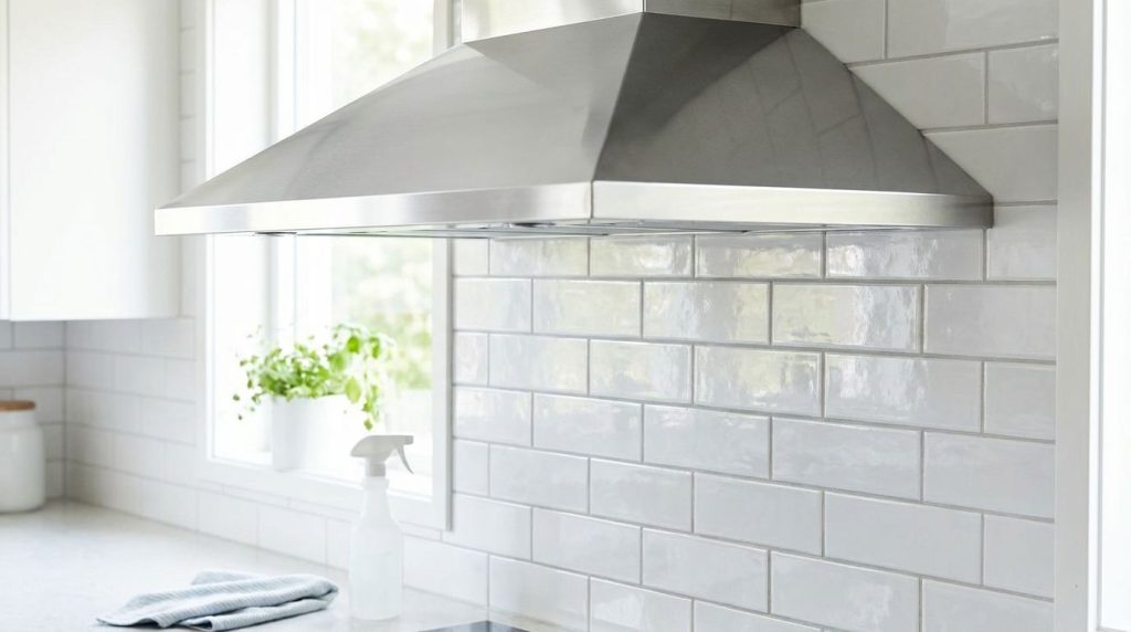 A gleaming streak-free stainless steel range hood and sparkling tiled backsplash freshly cleaned and reflecting light