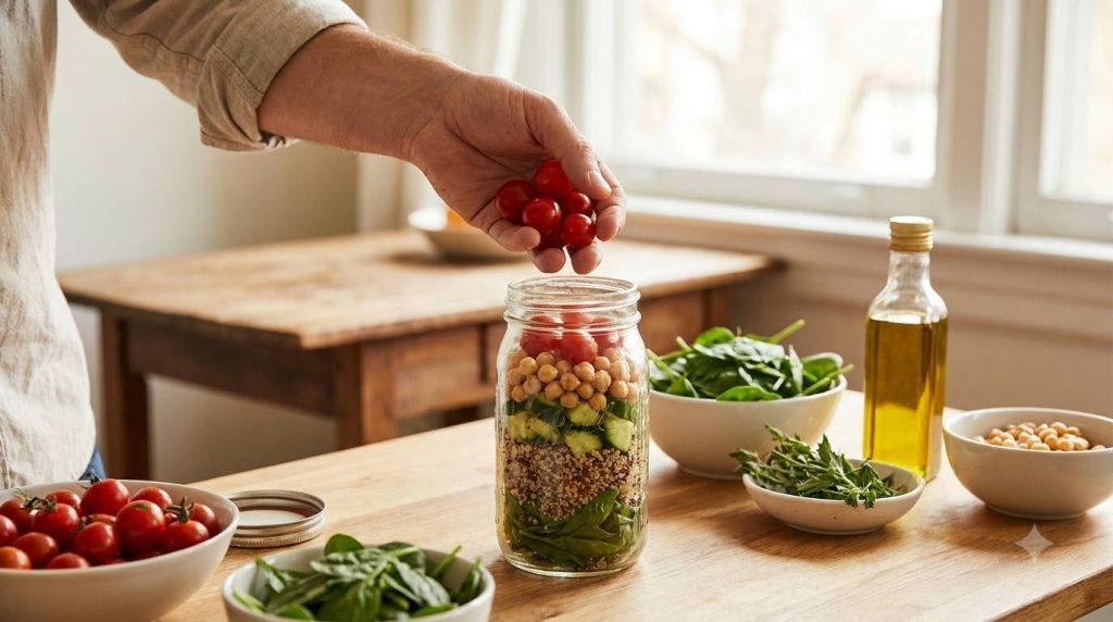 A clear mason jar in the process of being layered with different ingredients showing the dressing at the bottom followed