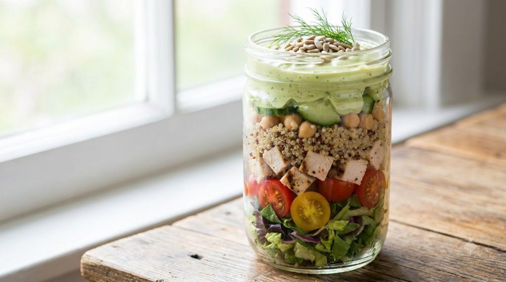 A close-up of a vibrant perfectly layered high-protein salad jar showcasing fresh ingredients like leafy greens colorful