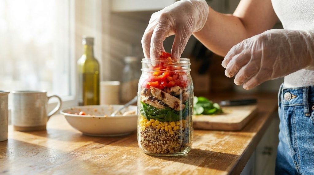 A person s hands carefully layering ingredients into a glass jar to create a healthy meal prep salad in a bright modern