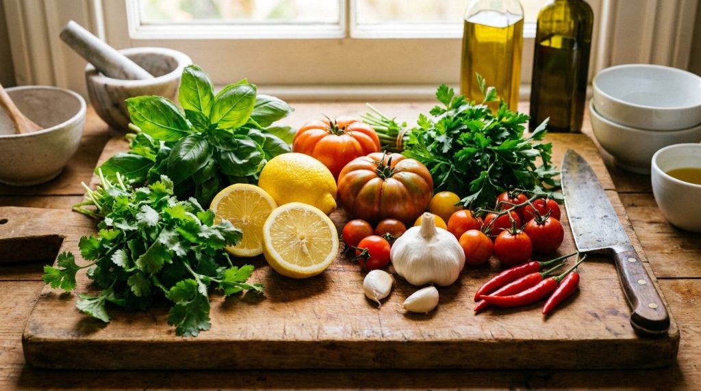 A variety of colorful fresh ingredients like herbs lemons tomatoes garlic and chilies neatly arranged on a wooden board 
