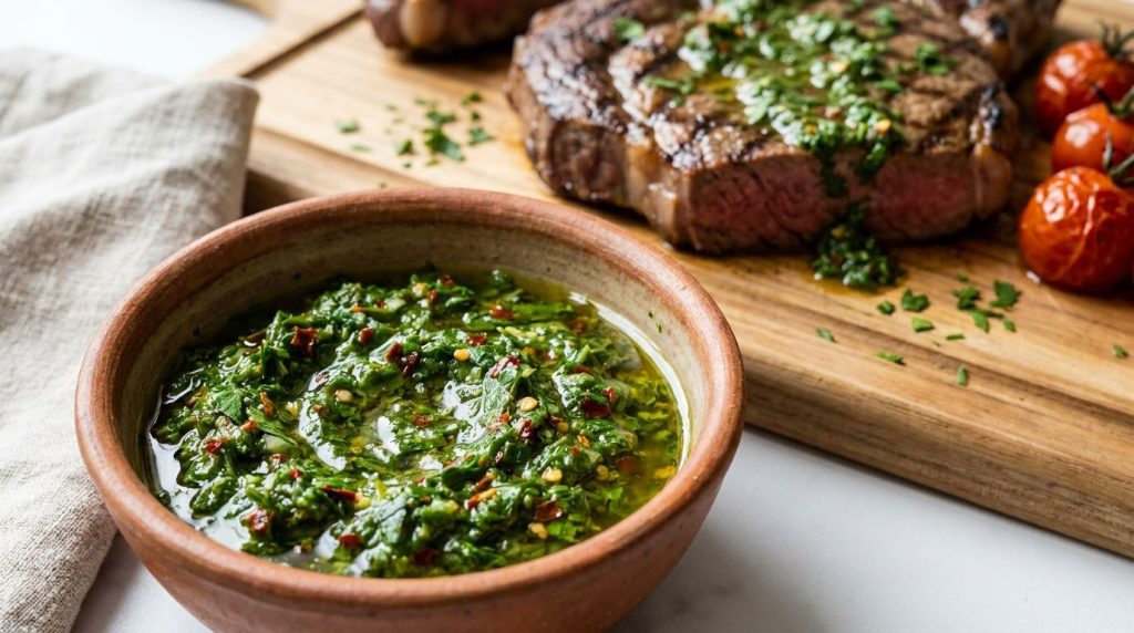 A bowl of vibrant green chimichurri sauce next to a grilled steak garnished with fresh parsley