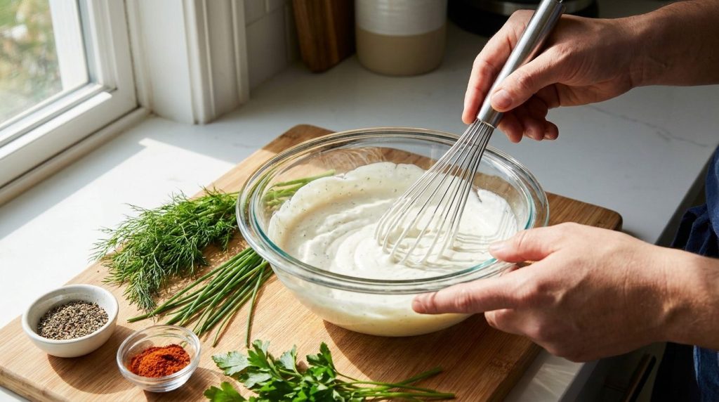 A close-up shot of hands mixing ingredients for a creamy dipping sauce in a small bowl with a whisk