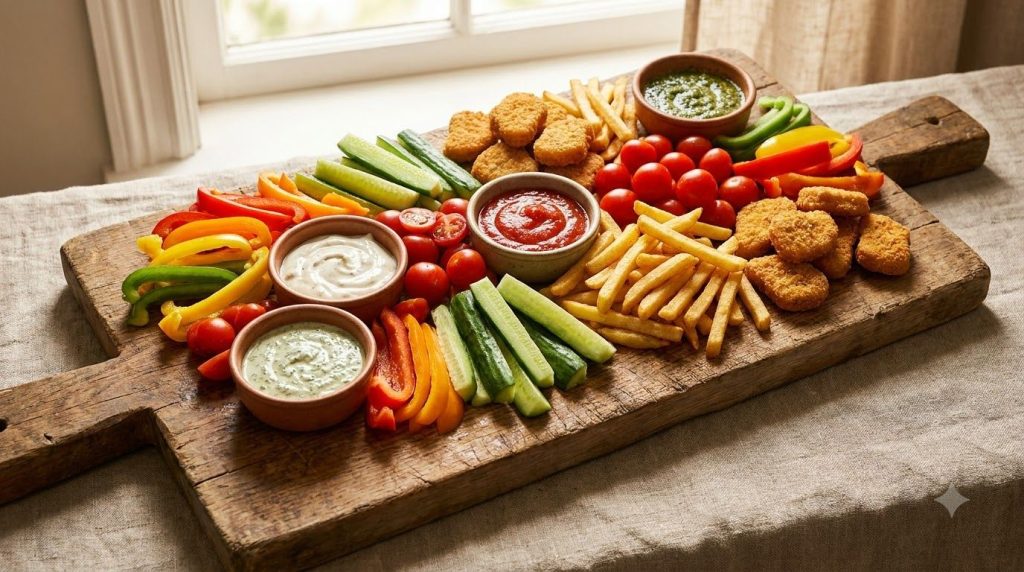 An assortment of colorful vegetables crispy fries and chicken nuggets arranged around small bowls of various dipping sau