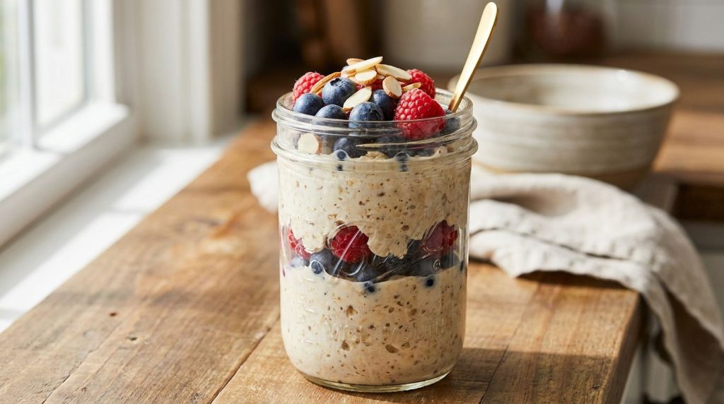 A beautifully prepared jar of creamy overnight oats garnished with fresh blueberries raspberries and sliced almonds with