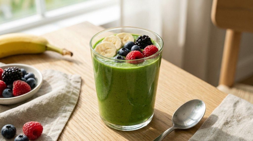 A vibrant green smoothie in a glass with a sliced banana and a few berries on top suggesting a healthy breakfast or snac