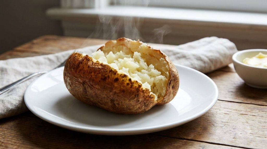 Baked potato cut open and fluffed with a fork ready for toppings on a white plate
