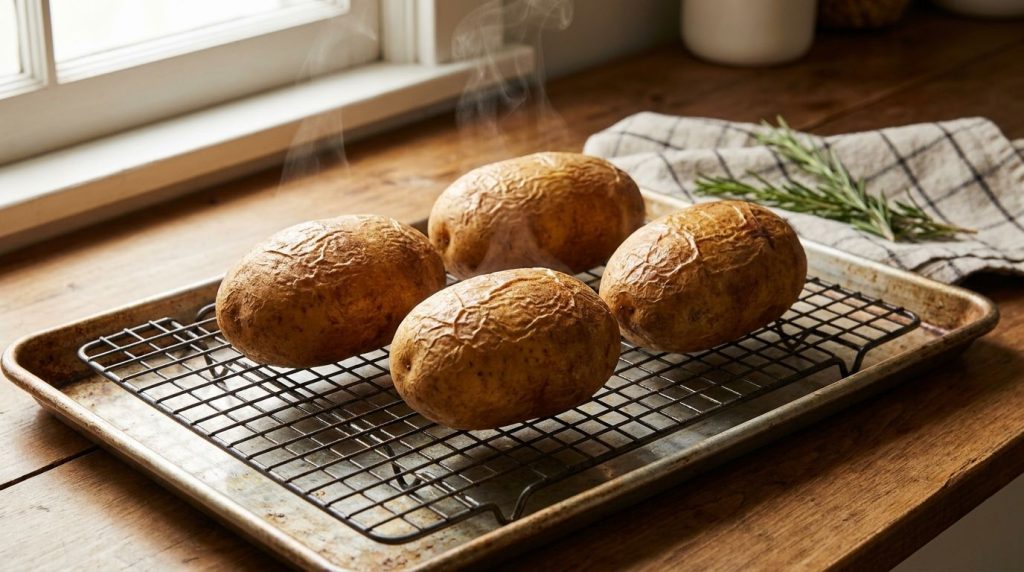 Perfectly baked potatoes fresh out of the oven golden-brown and steaming on a wire rack