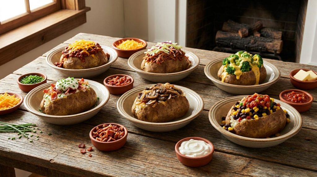 A variety of six different loaded baked potatoes each in its own bowl arranged on a rustic wooden table with various fre