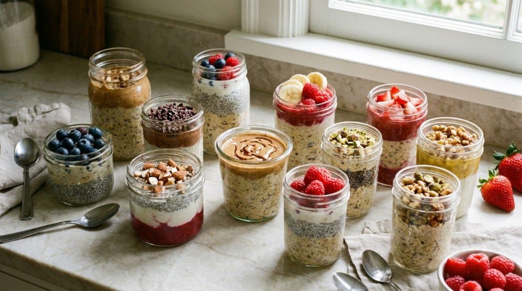 A vibrant array of various healthy overnight oats in glass jars depicting different flavors like tropical berry and choc