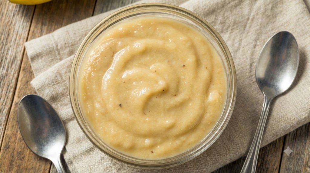 Bowl of smooth creamy mashed bananas