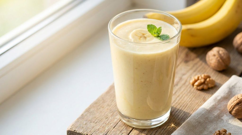 A delicious and creamy banana smoothie in a tall glass
