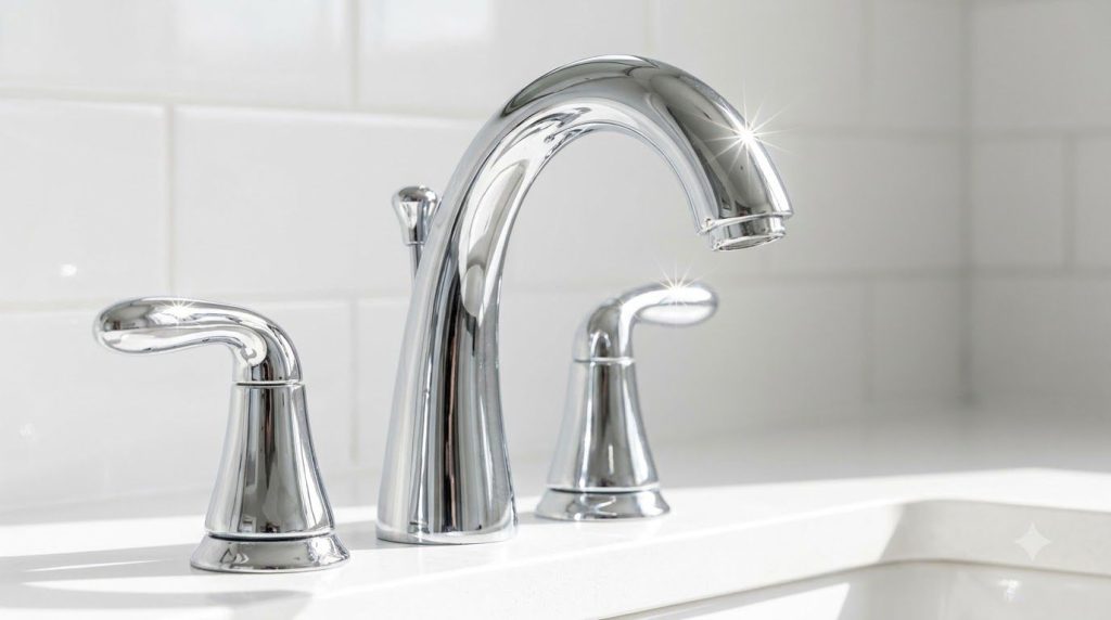 A gleaming newly cleaned bathroom faucet reflecting light with no visible water spots or mineral deposits