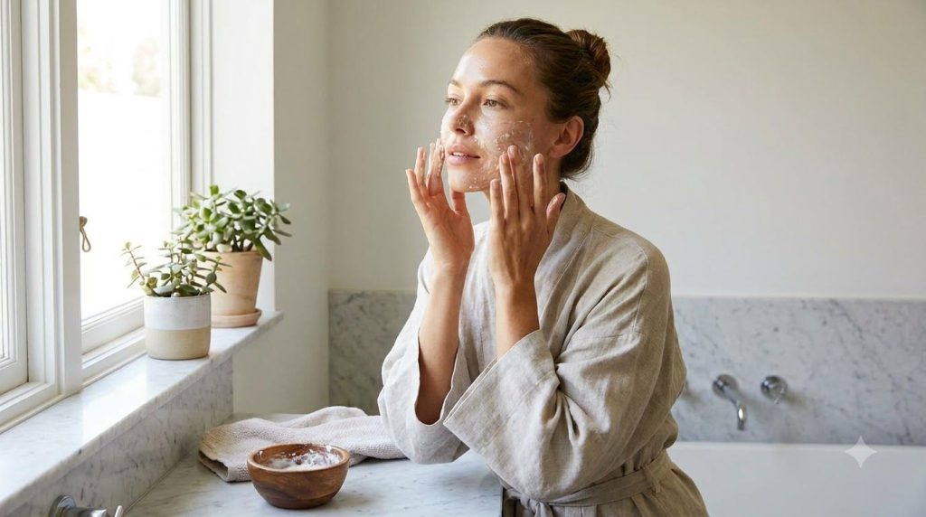 A woman gently applying the homemade rice and milk face mask to her clean face with soft natural light highlighting her