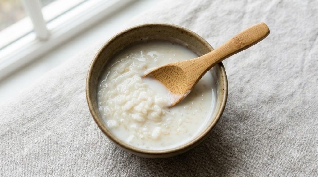 A close-up of a bowl containing the prepared smooth white rice and milk face mask paste with a small spoon or spatula in