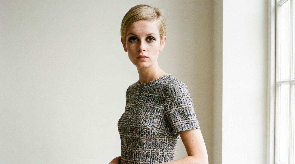 A classic portrait of Twiggy from the 1960s or early 70s showcasing her iconic mod look with short hair and large eyes