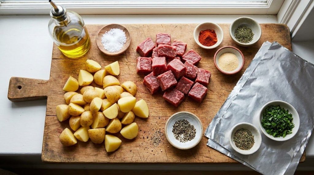 Ingredients for steak and potato foil packets laid out on a cutting board including cubed steak quartered potatoes olive