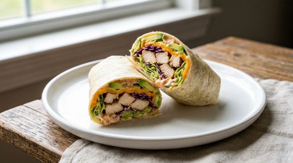 A close-up of a neatly rolled chicken wrap cut in half to show the vibrant fillings presented on a plate