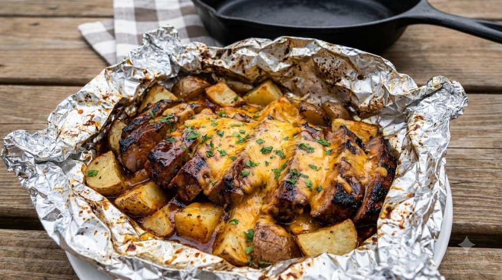 A cooked BBQ Cheddar Steak Potato Foil Packet open to show steak and potatoes coated in BBQ sauce with melted cheddar ch