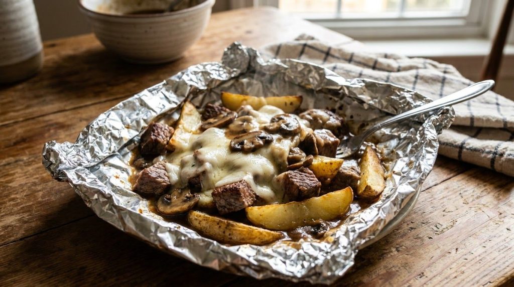 A cooked Garlic Mushroom Swiss Steak Potato Foil Packet open to reveal tender steak mushrooms and melted Swiss cheese