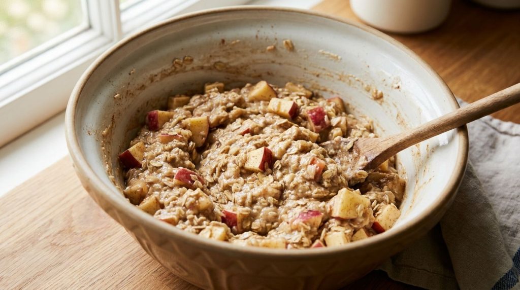 A bowl of apple oat muffin batter with finely diced red apples folded in showing a thick lumpy consistency ready for bak