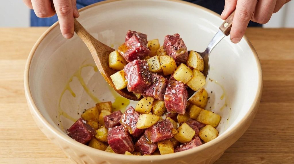 A close-up shot of raw steak cubes and diced potatoes being tossed in a large mixing bowl with olive oil salt and pepper