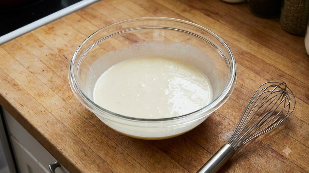 A medium glass mixing bowl with whisked wet ingredients for apple oat muffins egg milk vegetable oil and vanilla extract